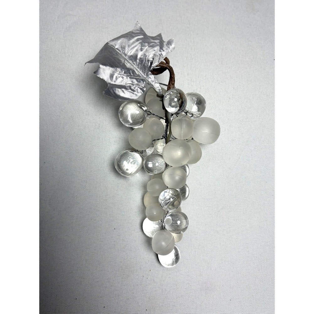 Vintage Heavy Acrylic Grape Cluster Clear and Frosted Lucite Style SILVER LEAVES